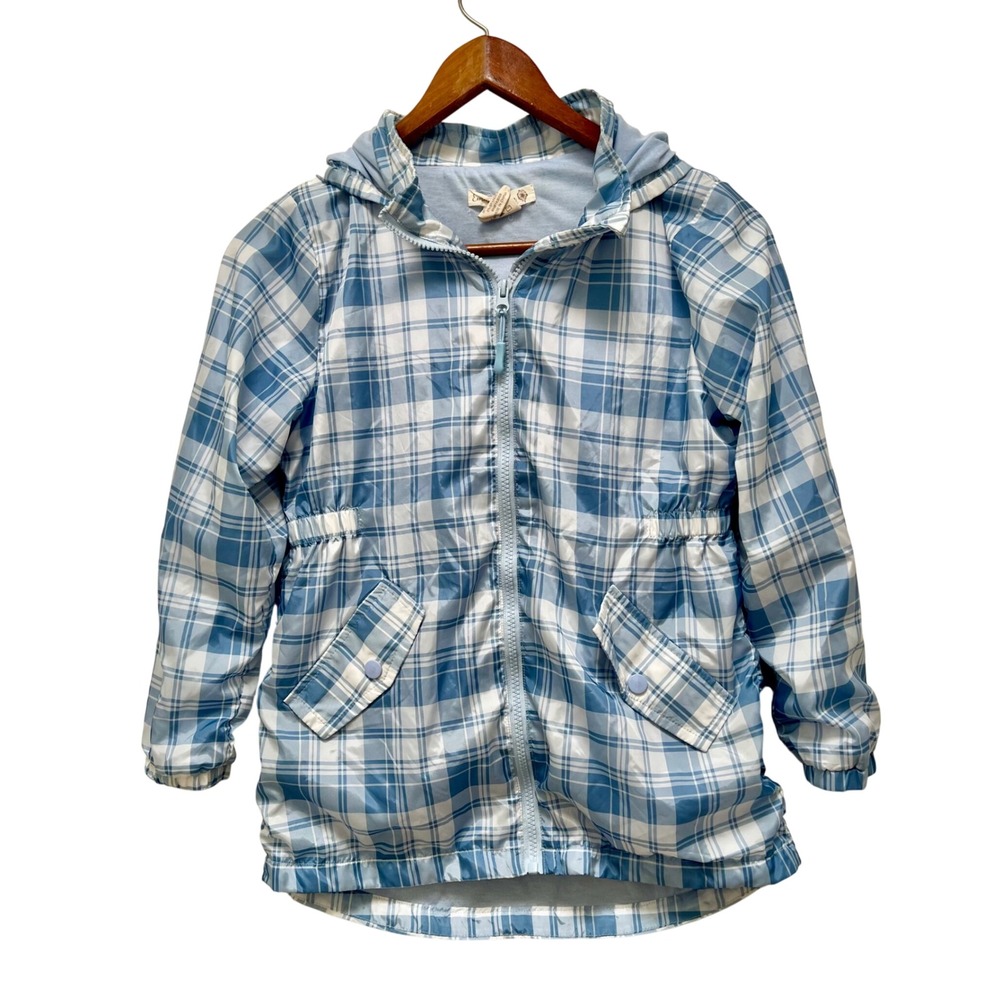 Emma & Elsa Kids Size 14 (L) Blue White‎ Plaid Hooded Lightweight Zip Up Jacket